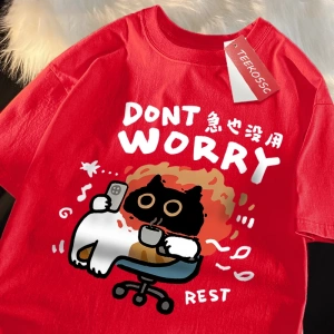Y2k Vintage Tişört Tee Endişelenmeyin eğlenceli kedi baskı japon tarz