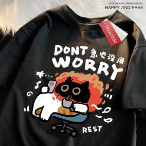 Y2k Vintage Tişört Tee Endişelenmeyin eğlenceli kedi baskı japon tarz