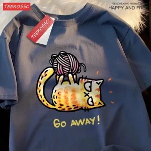 Y2k Vintage Tişört Tee Go Away bir kedi iplik bir top üzerinde