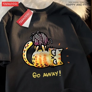 Y2k Vintage Tişört Tee Go Away bir kedi iplik bir top üzerinde