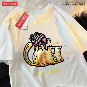Y2k Vintage Tişört Tee Go Away bir kedi iplik bir top üzerinde