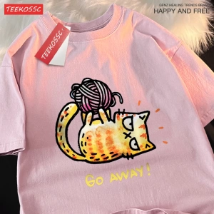 Y2k Vintage Tişört Tee Go Away bir kedi iplik bir top üzerinde