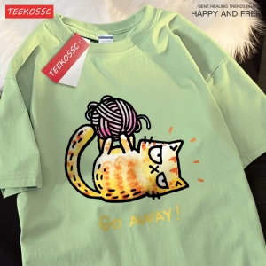 Y2k Vintage Tişört Tee Go Away bir kedi iplik bir top üzerinde