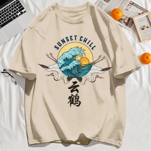 Y2k Vintage Tişört Tee Günbatımı Chill Bulut Vinçler Ve Dalgalar Baskı
