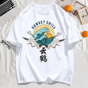 Y2k Vintage Tişört Tee Günbatımı Chill Bulut Vinçler Ve Dalgalar Baskı