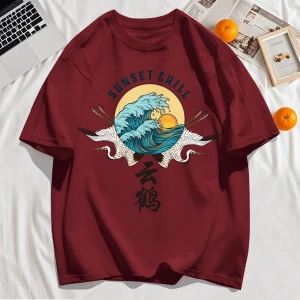Y2k Vintage Tişört Tee Günbatımı Chill Bulut Vinçler Ve Dalgalar Baskı