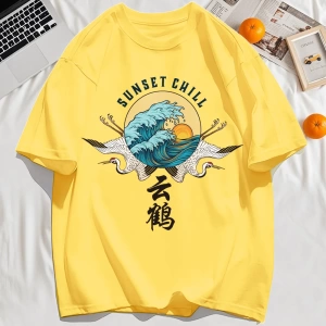 Y2k Vintage Tişört Tee Günbatımı Chill Bulut Vinçler Ve Dalgalar Baskı