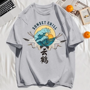 Y2k Vintage Tişört Tee Günbatımı Chill Bulut Vinçler Ve Dalgalar Baskı
