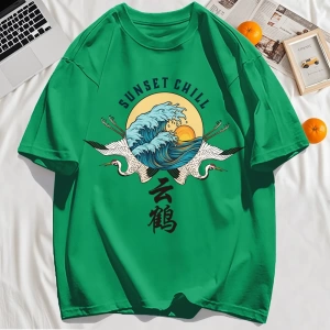 Y2k Vintage Tişört Tee Günbatımı Chill Bulut Vinçler Ve Dalgalar Baskı