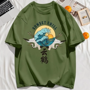 Y2k Vintage Tişört Tee Günbatımı Chill Bulut Vinçler Ve Dalgalar Baskı
