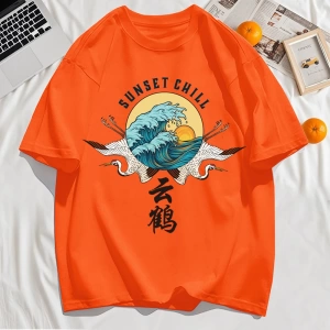 Y2k Vintage Tişört Tee Günbatımı Chill Bulut Vinçler Ve Dalgalar Baskı