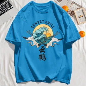 Y2k Vintage Tişört Tee Günbatımı Chill Bulut Vinçler Ve Dalgalar Baskı