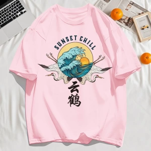 Y2k Vintage Tişört Tee Günbatımı Chill Bulut Vinçler Ve Dalgalar Baskı