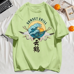 Y2k Vintage Tişört Tee Günbatımı Chill Bulut Vinçler Ve Dalgalar Baskı