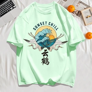 Y2k Vintage Tişört Tee Günbatımı Chill Bulut Vinçler Ve Dalgalar Baskı