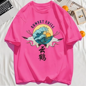 Y2k Vintage Tişört Tee Günbatımı Chill Bulut Vinçler Ve Dalgalar Baskı