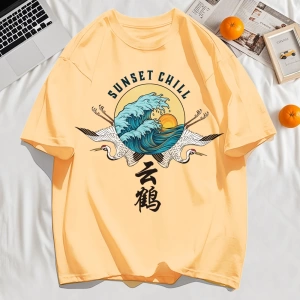 Y2k Vintage Tişört Tee Günbatımı Chill Bulut Vinçler Ve Dalgalar Baskı