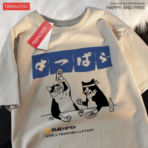 Y2k Vintage Tişört Tee Harajuku japon kedi içme