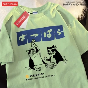 Y2k Vintage Tişört Tee Harajuku japon kedi içme