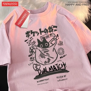 Y2k Vintage Tişört Tee Japon eğlenceli ve sevimli Harajuku kedi