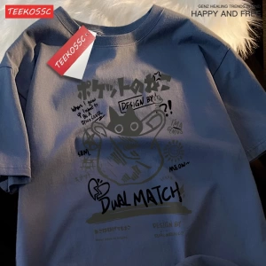 Y2k Vintage Tişört Tee Japon eğlenceli ve sevimli Harajuku kedi