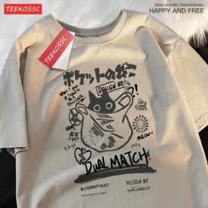 Y2k Vintage Tişört Tee Japon eğlenceli ve sevimli Harajuku kedi