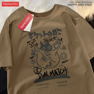 Y2k Vintage Tişört Tee Japon eğlenceli ve sevimli Harajuku kedi