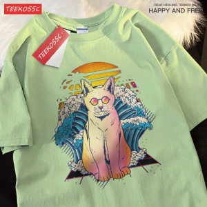 Y2k Vintage Tişört Tee Japon Harajuku dalga gözlük kedi