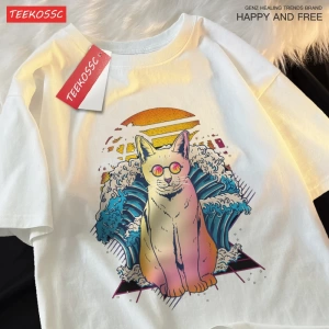 Y2k Vintage Tişört Tee Japon Harajuku dalga gözlük kedi