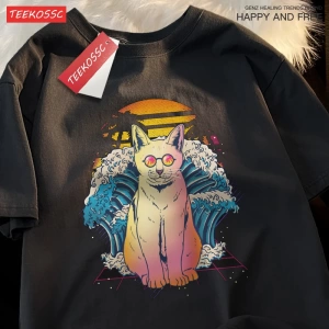 Y2k Vintage Tişört Tee Japon Harajuku dalga gözlük kedi