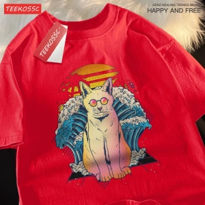 Y2k Vintage Tişört Tee Japon Harajuku dalga gözlük kedi