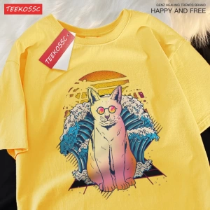 Y2k Vintage Tişört Tee Japon Harajuku dalga gözlük kedi