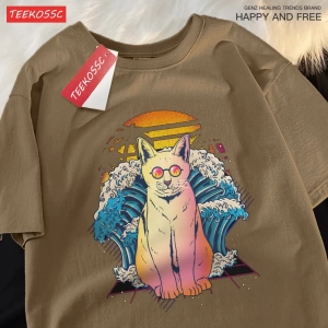 Y2k Vintage Tişört Tee Japon Harajuku dalga gözlük kedi