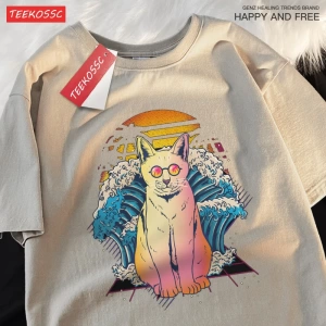 Y2k Vintage Tişört Tee Japon Harajuku dalga gözlük kedi