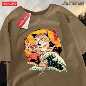 Y2k Vintage Tişört Tee Japon Harajuku dalga suşi kedi