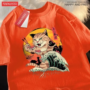 Y2k Vintage Tişört Tee Japon Harajuku dalga suşi kedi