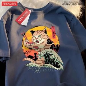 Y2k Vintage Tişört Tee Japon Harajuku dalga suşi kedi