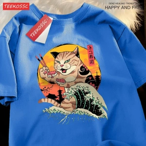 Y2k Vintage Tişört Tee Japon Harajuku dalga suşi kedi
