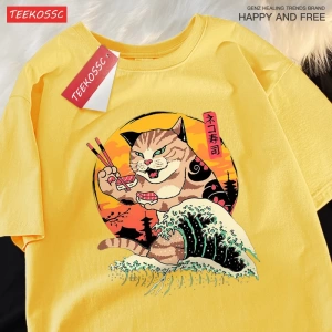 Y2k Vintage Tişört Tee Japon Harajuku dalga suşi kedi