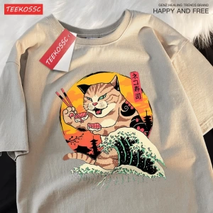 Y2k Vintage Tişört Tee Japon Harajuku dalga suşi kedi