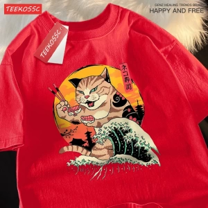 Y2k Vintage Tişört Tee Japon Harajuku dalga suşi kedi