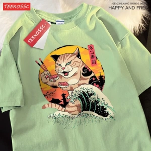Y2k Vintage Tişört Tee Japon Harajuku dalga suşi kedi
