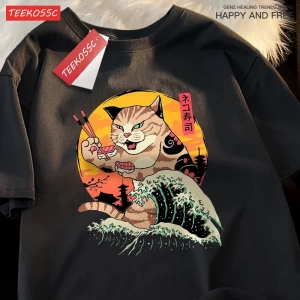 Y2k Vintage Tişört Tee Japon Harajuku dalga suşi kedi