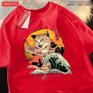 Y2k Vintage Tişört Tee Japon Harajuku dalga suşi kedi
