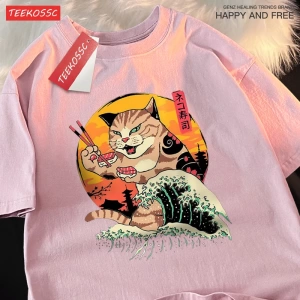 Y2k Vintage Tişört Tee Japon Harajuku dalga suşi kedi