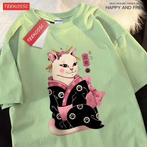 Y2k Vintage Tişört Tee Japon Harajuku Geisha kedi