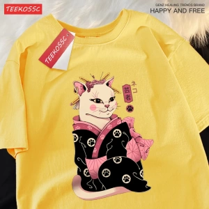 Y2k Vintage Tişört Tee Japon Harajuku Geisha kedi