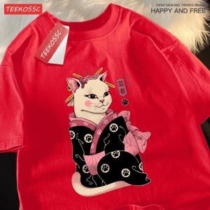 Y2k Vintage Tişört Tee Japon Harajuku Geisha kedi