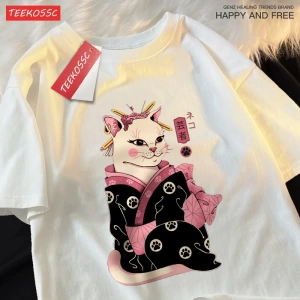 Y2k Vintage Tişört Tee Japon Harajuku Geisha kedi