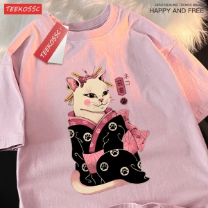 Y2k Vintage Tişört Tee Japon Harajuku Geisha kedi